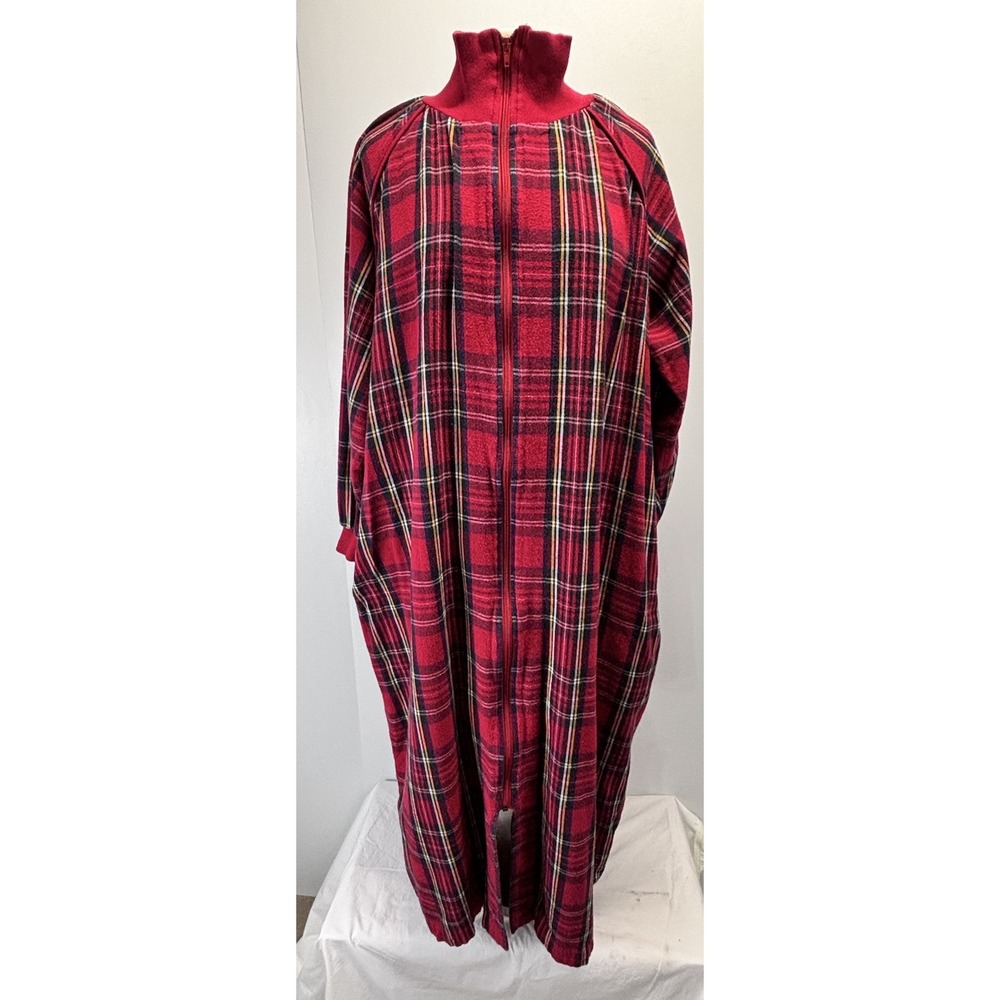 Go Softly Flannel Robe Nightgown Sz Medium Women's Red Plaid Tartan Full Zip